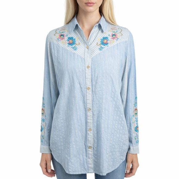 Johnny Was Tops - Johnny Was 3J Workshop Western Shirt pearl snap Striped Floral Embroidery Size M